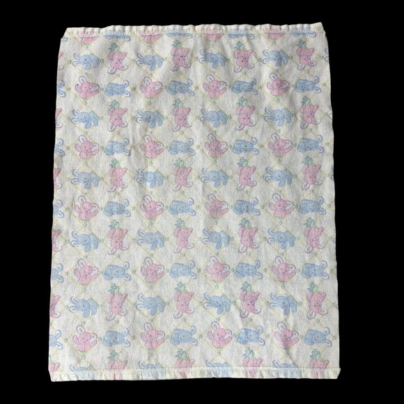 Vintage Pastel Bunny Baby Blanket Pink Blue Gender Neutral 1990s USA Retro - Picture 2 of 9